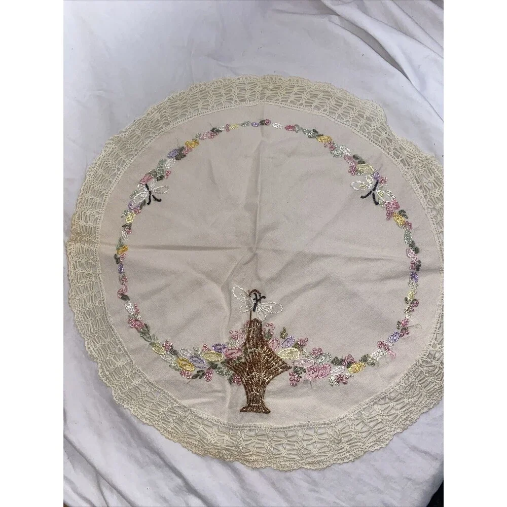 Doilie easter crochet Hand Embroidered Lace Floral Basket 25”Vintage Table